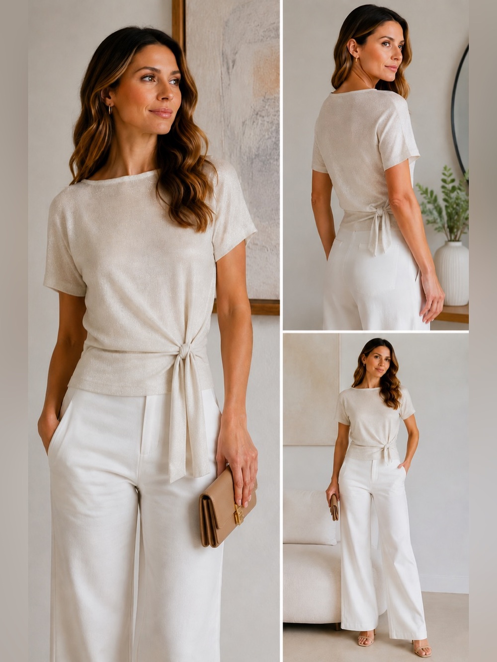 Vilagallo Ivory Metallic Shimmer Tie Waist Knit Top Size 40 US 8 Bride Brunch